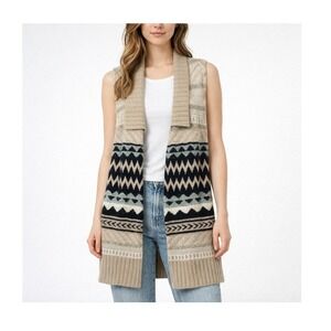 Chicos Geometric‎ Knit Longline Sweater Vest Tan Black Wool Alpaca Blend Size 1